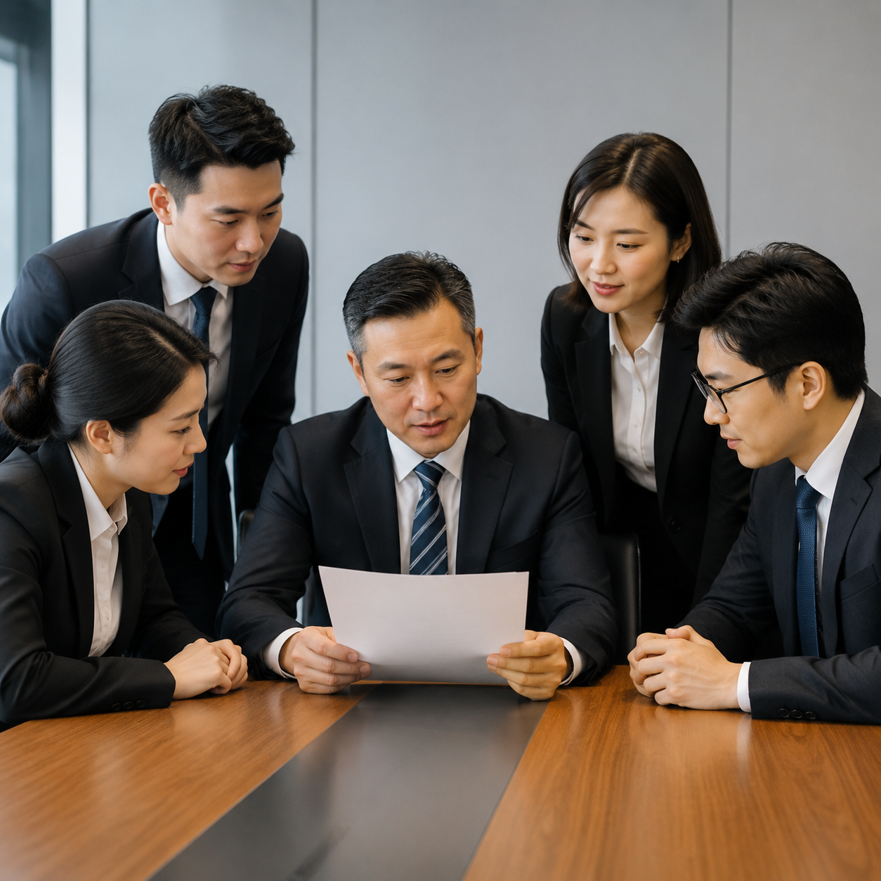 Business professionals reviewing a commercial contract and transaction terms