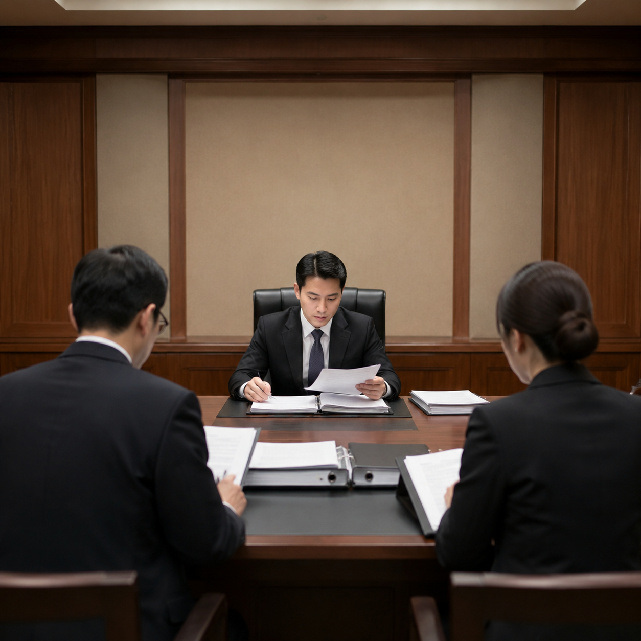 Commercial dispute professionals discussing arbitration strategy and case materials