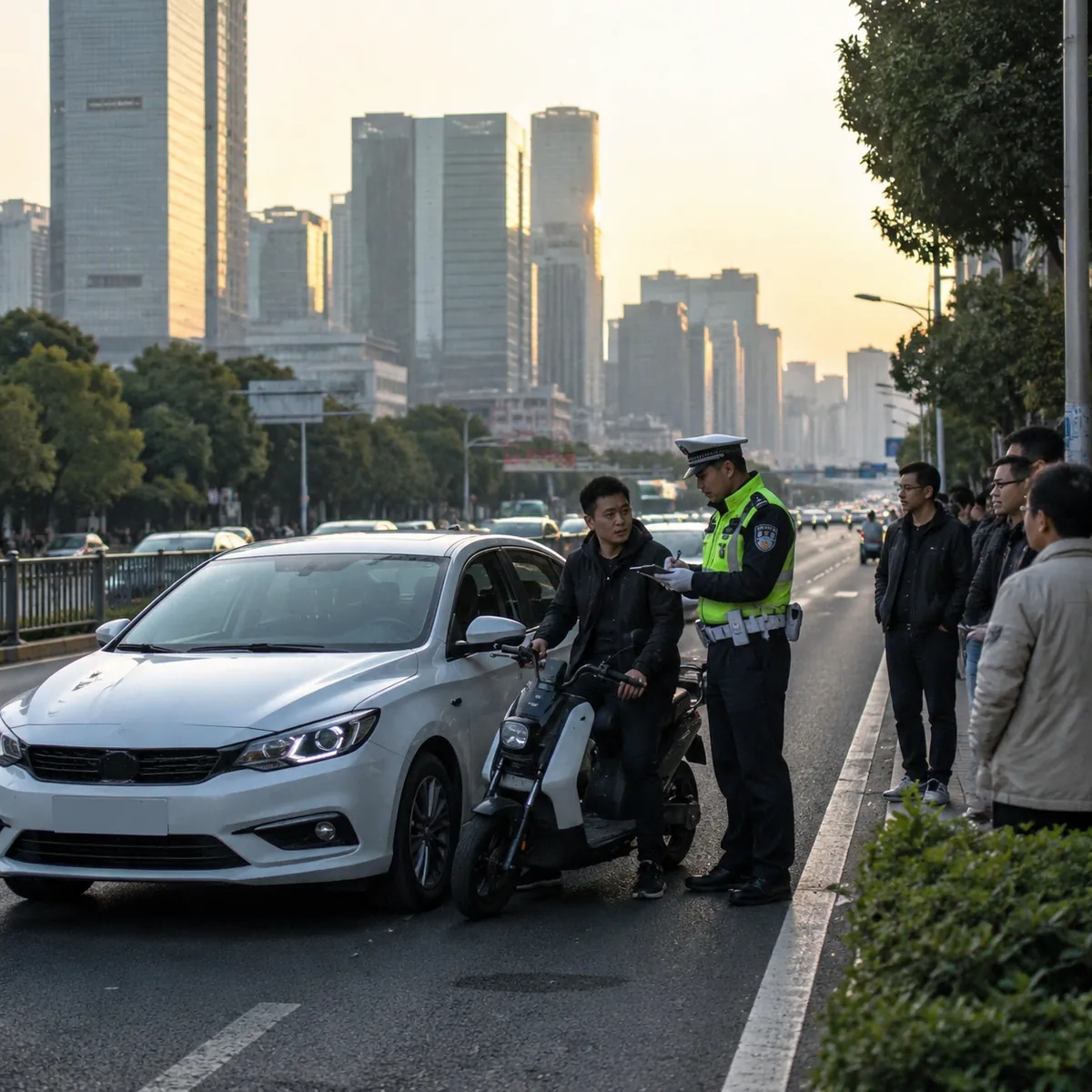 成都上班途中电动车与轿车事故交警处理现场